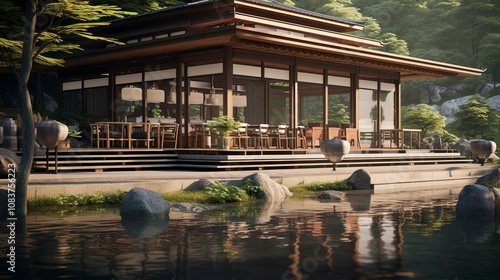 A photo of a contemporary tea house with serene ambia photo