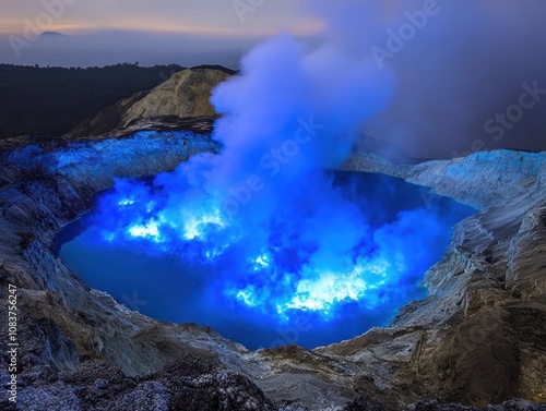 Mount Ijen, an active volcano in East Java, home to the famous blue flames and sulfur mining photo