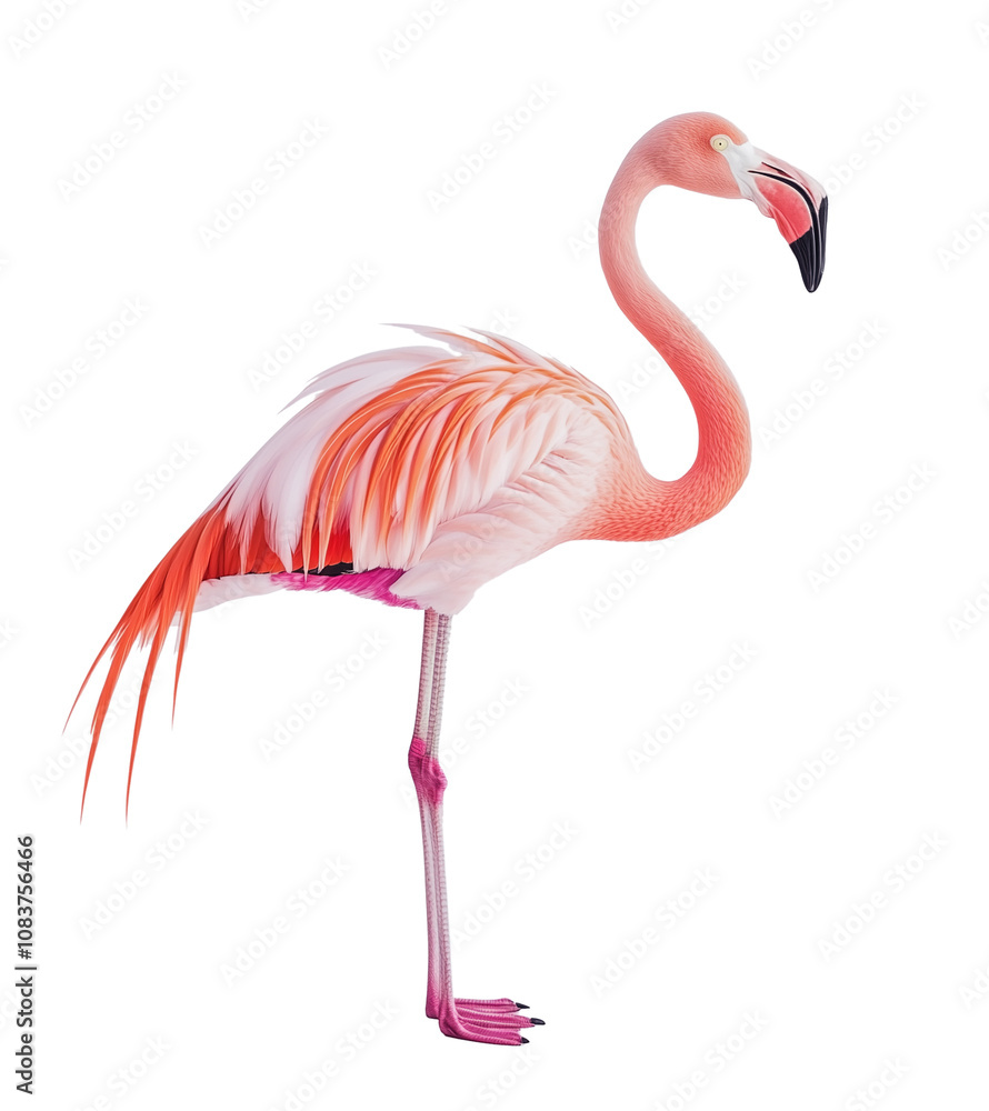 Fototapeta premium Pink flamingo stands gracefully on one leg with vibrant feathers at a wildlife sanctuary during daylight