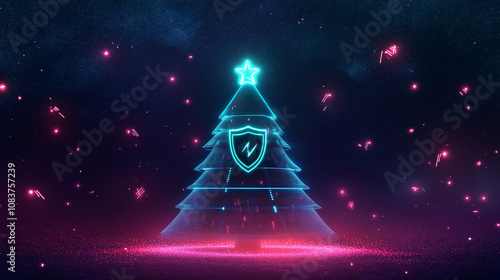Cybersecurity Christmas Tree Illustration with Neon Lights