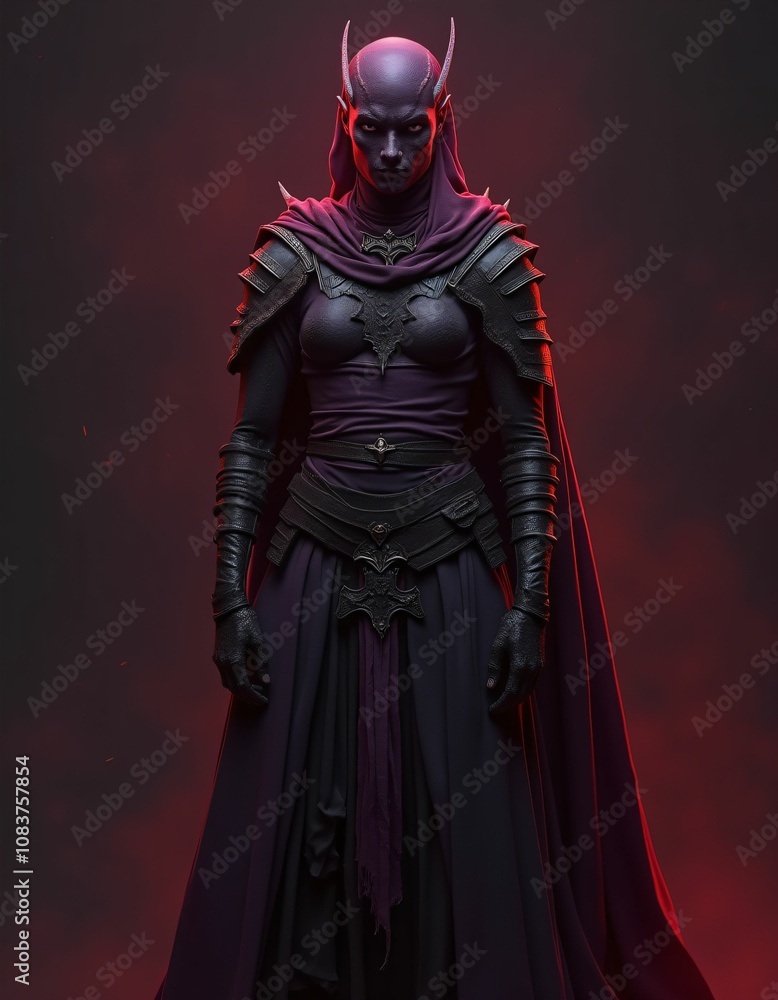 Fototapeta premium a fantasy and fictional medieval warrior with very smooth body lines and a very smooth face, dark colors, red, purple, realistic, detailed