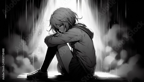 sad anime girl sitting (black/white)