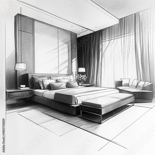 black and white pencil skethc of a modern bedroom photo