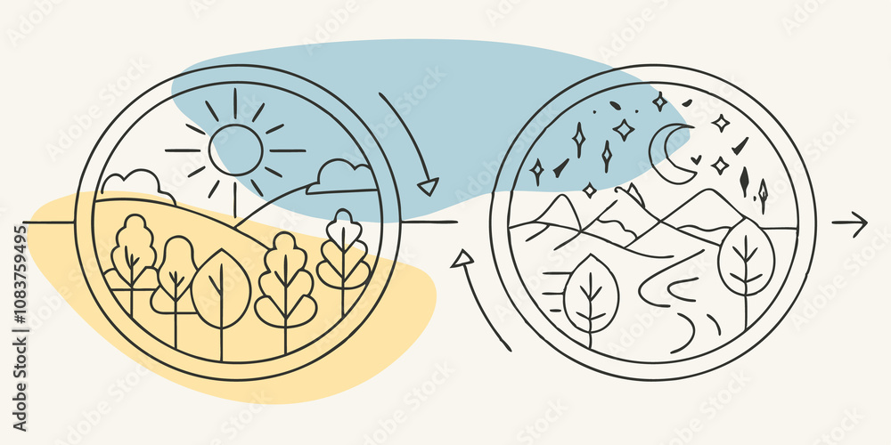 Fototapeta premium Seasonal Change Depictions Around the figure scenes representing different seasons are illustratedlush summer solar energy on one side tranquil autumn nights lunar energy on the
