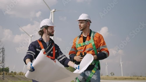 Two caucasian engineer specialists in renewable energy wearing personal protective equipment looking at blueprints and discussing installing and repairing wind turbines on windmill construction farms.