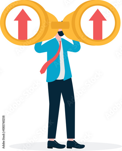 Forward Looking Growth Analysis. Businessman with Telescope and Chart. Vector Business Illustration

