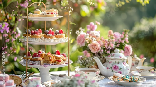 Fototapeta Naklejka Na Ścianę i Meble -  A beautifully arranged high tea event with fine china, tiered trays of pastries, and a variety of teapots on a table with floral decorations.