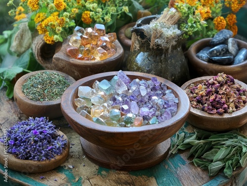 Wiccan healing rituals using crystals, herbs, and energy work to restore balance and health photo