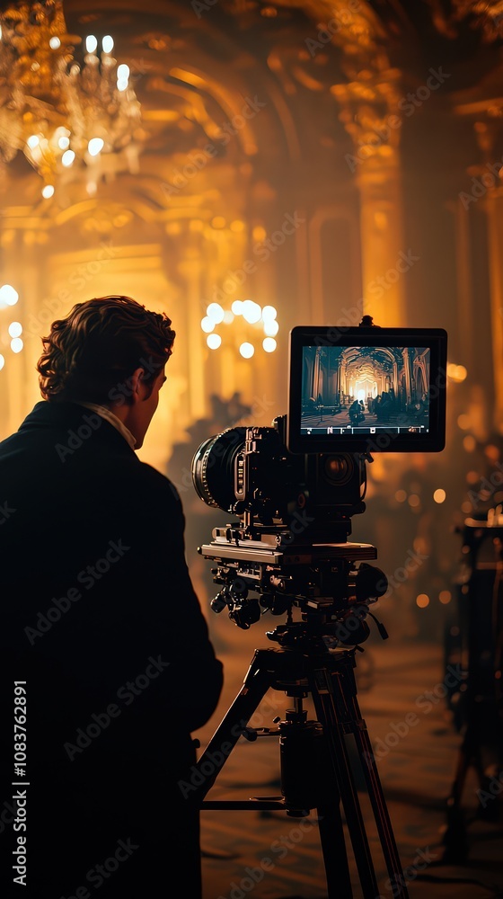 Fototapeta premium Director filming a grand ballroom scene with ornate chandeliers, emphasizing elegance and artistry in cinematic storytelling.