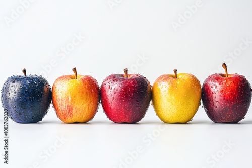 A visually appealing arrangement of five fresh apples, showcasing different colors and glistening droplets, ideal for health articles, food blogs, and marketing materials related to nutrition, photo