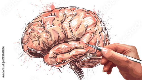 Close up of male hand drawing human brain in flat style