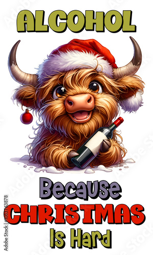 Cartoon Highland Cow in a Santa hat with a wine bottle  perfect design for cheerful holidays..A humorous holiday animal with big personality and a playful text about the Christmas spirit