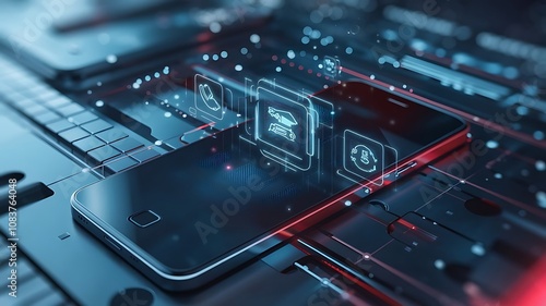 3D Smartphone Render with Floating Social Media Icons, Modern 3D Smartphone Mockup with Social Media Symbols and Notifications
