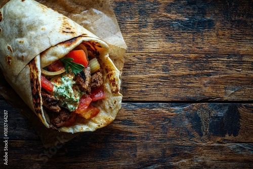 A hearty beef wrap served on rustic wooden surface, filled with tender beef, fresh vegetables, herbs, and a drizzle of creamy sauce, creating a satisfying and flavorful handheld meal. photo