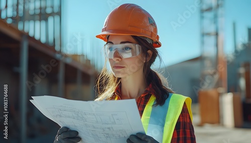 Professional woman construction worker in a hard hat and reflective vest, studying building plans onsite with a structure in the background