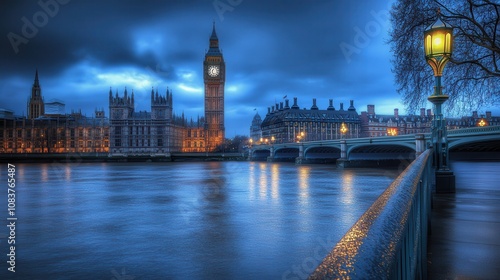 Stunning Night View of Big Ben and the Houses of Parliament Reflected in the River Thames, Captured in Moody Blue Tones Under Dramatic Cloudy Skies