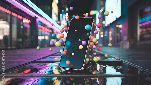 3D Smartphone Render with Floating Social Media Icons, Modern 3D Smartphone Mockup with Social Media Symbols and Notifications