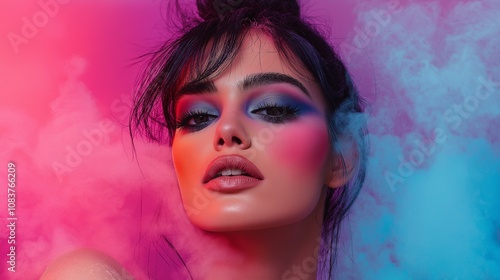 Close up beauty portrait of young beautiful woman with pink, fuchsia blue yellow color makeup, flawless clean skin