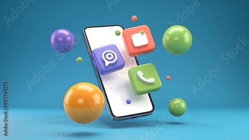 3D Smartphone Render with Floating Social Media Icons, Modern 3D Smartphone Mockup with Social Media Symbols and Notifications