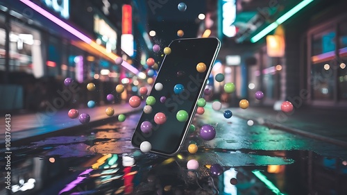 3D Smartphone Render with Floating Social Media Icons, Modern 3D Smartphone Mockup with Social Media Symbols and Notifications