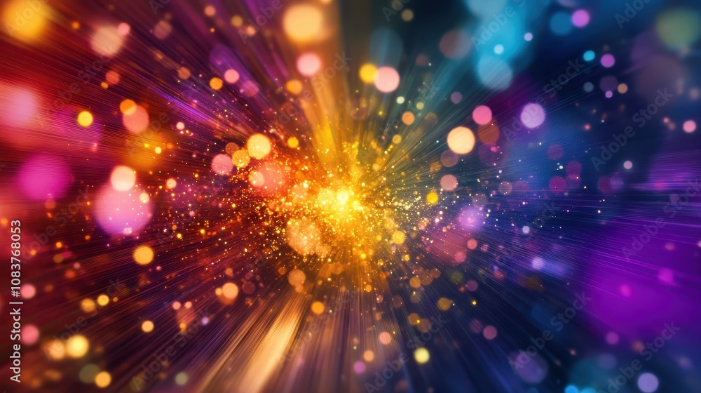 Obraz premium Colorful Burst of Light with Bokeh Effect and Abstract Background for Creative Projects, Celebrations, and Artistic Displays in Vibrant Hues of Red, Yellow, Green, and Blue