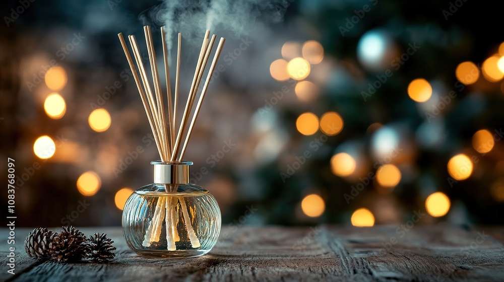 Fototapeta premium Diffuser with reeds, warm bokeh lights, cozy ambiance