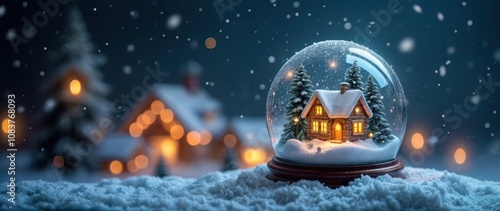 Banner for Christmas, New Year theme. Shimmering New Year's crystal ball. Christmas house with fir tree in snow globe on snowy background. Winter. New Year. Merry Christmas