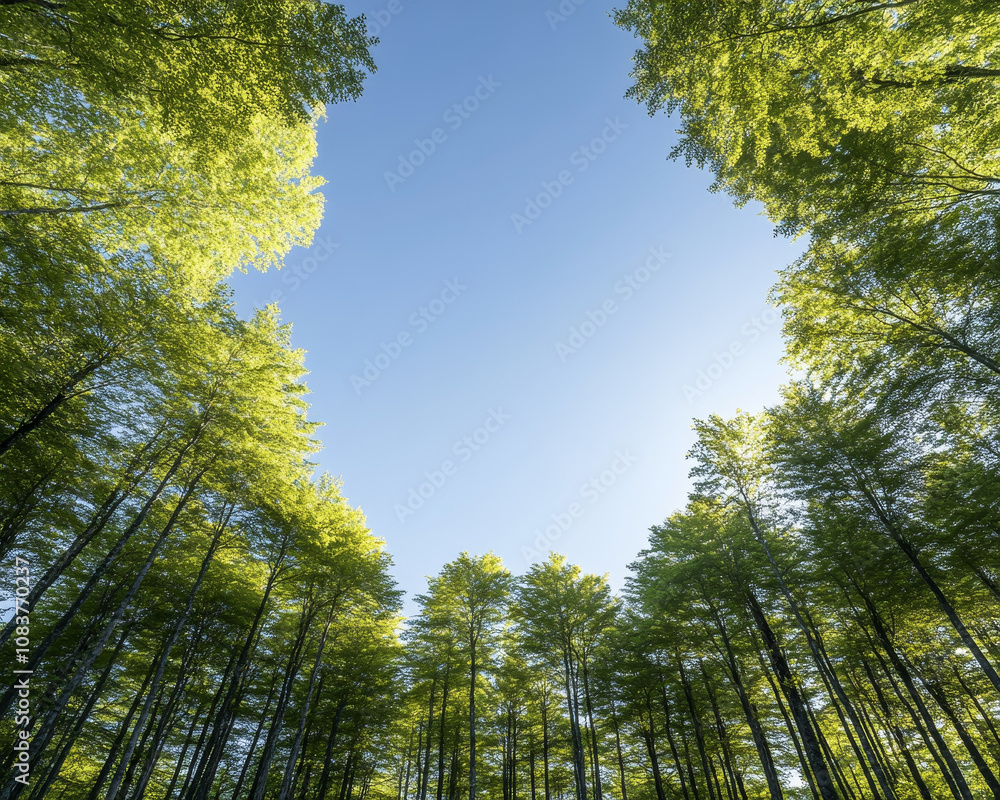 Fototapeta premium serene view of lush green forest with tall trees reaching towards clear blue sky, creating peaceful atmosphere