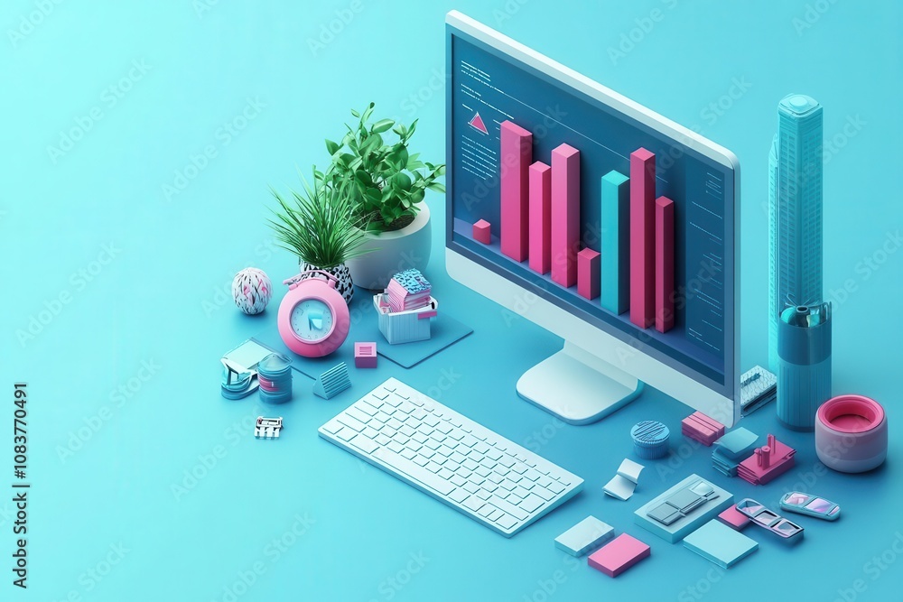 Obraz premium A modern workspace featuring a colorful monitor displaying graphs, accompanied by stationery and a potted plant on a vibrant blue background.