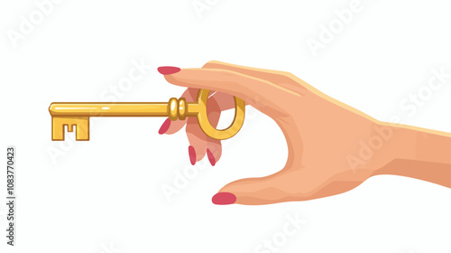 Close-up of Woman's Hand Holding Golden Key in Flat Style