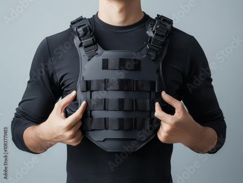 Tactical vest worn by man in black long sleeve shirt, showcasing its features. vest is designed for protection and utility, ideal for various activities photo