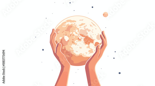 Close-up of man's hands holding moon planet in flat style vector illustration
