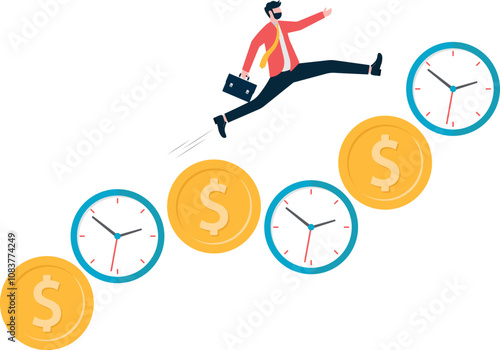time management techniques. Manage time for rush. businessman running on a group of time clocks.
