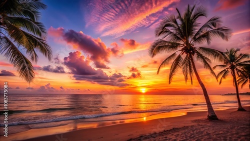 Calm warm evening sunset over the tranquil sea the sky, palm trees and tropical beach in the background