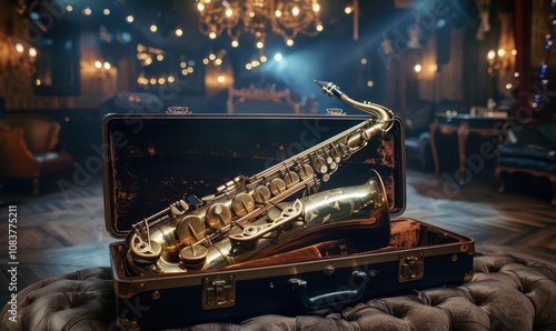 A lone, gold saxophone resting on a velvetlined case under stage lights photo