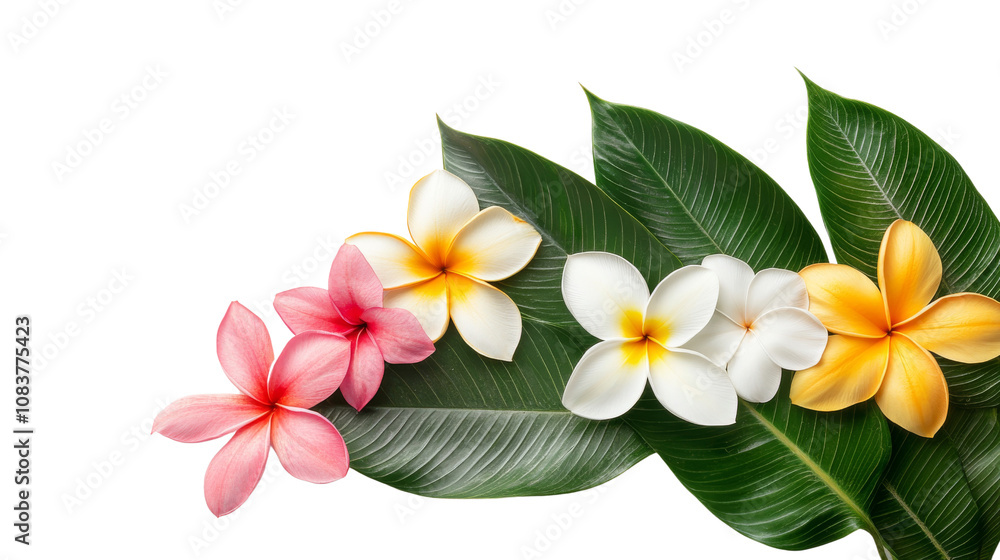 Obraz premium Vibrant plumeria flowers with lush green leaves in a stunning arrangement.