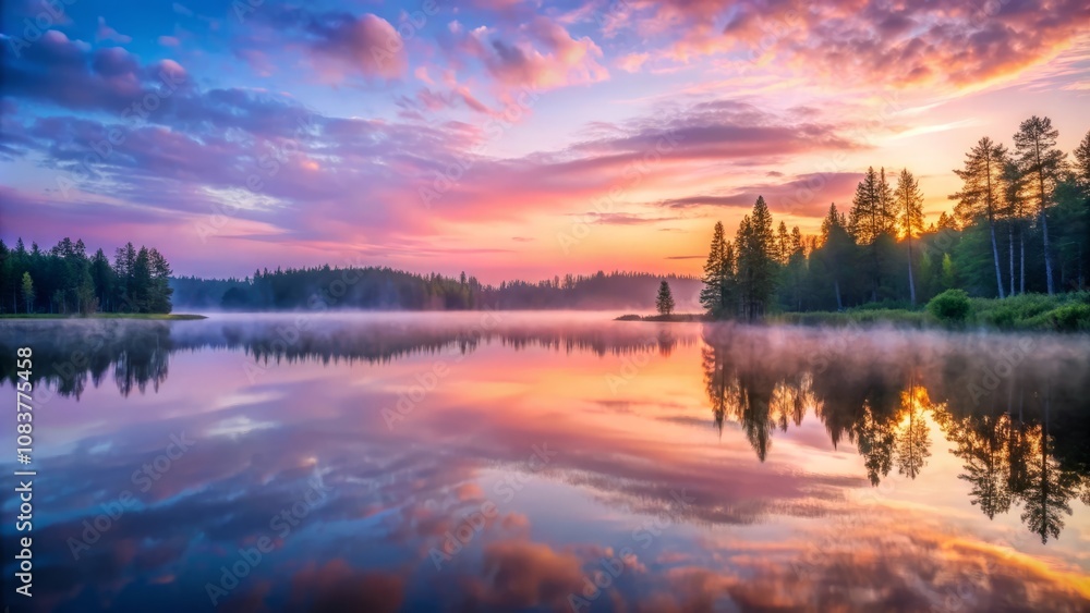 Obraz premium Panorama magical landscape with fog flowing across a serene lake at dawn. The fog creates a veil over the water and reflects the pastel colors of the early morning sky
