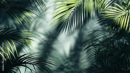 Transparent palm leaves shadow background overlay. Tropical tree summer shade realistic background or wallpaper. Foliage reflection in window frame, palm leaf sunlight grey shadow backdrop.