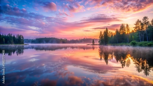 Wallpaper Mural Panorama magical landscape with fog flowing across a serene lake at dawn. The fog creates a veil over the water and reflects the pastel colors of the early morning sky Torontodigital.ca