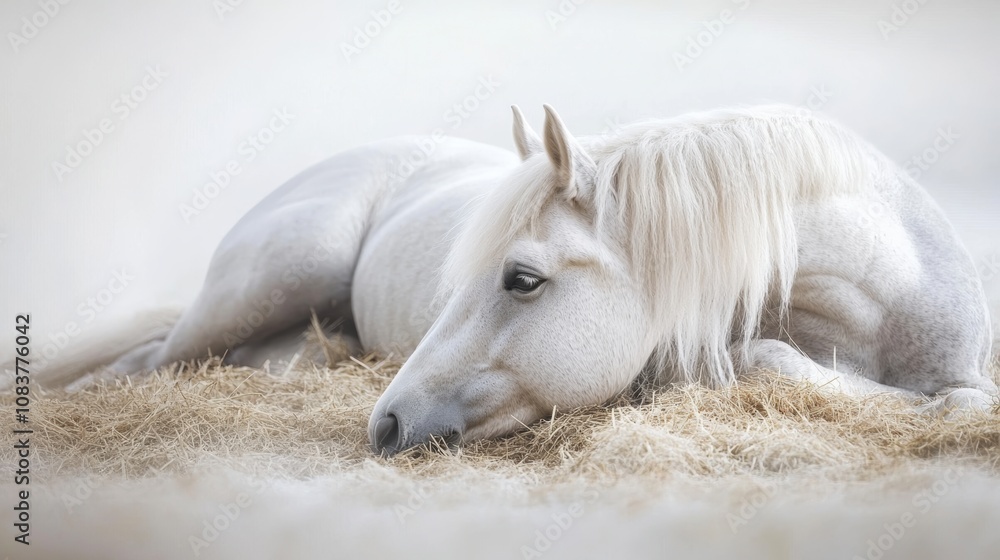 Fototapeta premium Ein sanftes weißes Pferd ruht friedlich auf einem Bett aus Stroh in einer sanften, traumhaften Landschaft