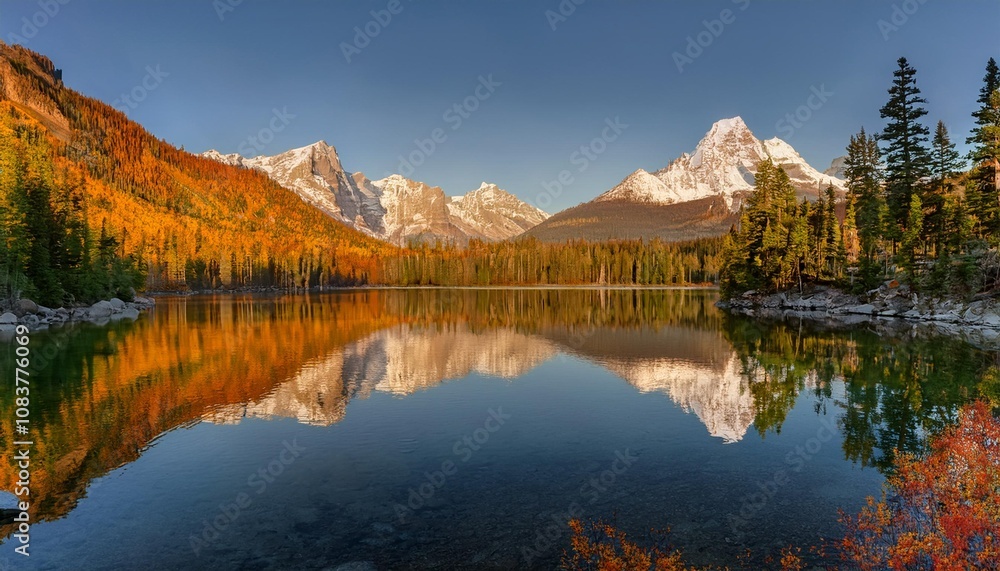 Naklejka premium Crystal-Clear Lake at the Base of Towering Snow-Capped Mountains, Reflecting the Majestic Peaks and Vibrant Colors of the Surrounding Trees in the Early Morning Light