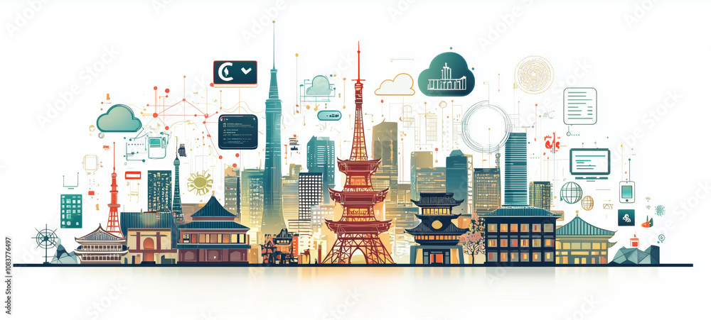 Obraz premium Asia City Landmark with various devices