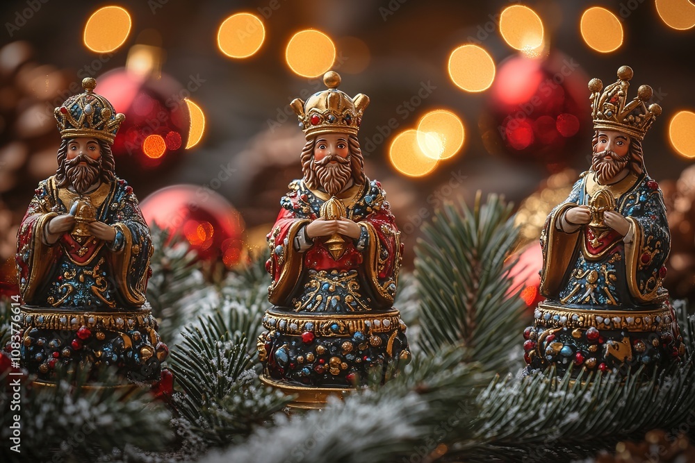 Fototapeta premium Three Wise Men figurines with festive backdrop