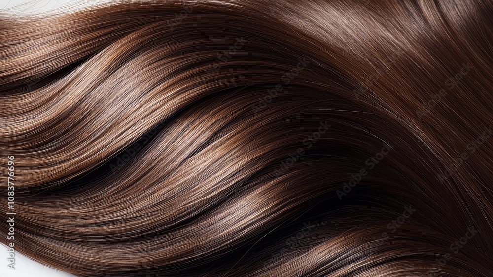 Fototapeta premium Beautiful model girl with Brown hair strand,silky healthy chestnut wavy hair strand,hair wavy ribbon, with smooth,Keratin straightening,Treatment,straight long hair,procedures,Smooth hairstyle.