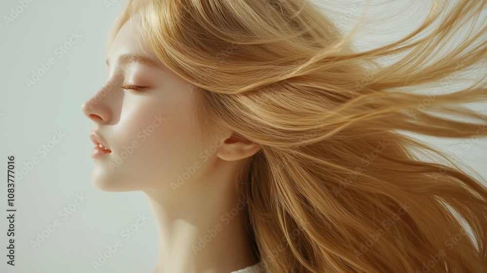 Fototapeta premium Beautiful model girl with blond hair strand,silky healthy chestnut wavy golden hair strand,hair wavy ribbon,Keratin straightening,Treatment,straight long hair,procedures,Smooth hairstyle.