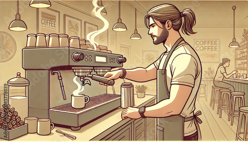 a man steaming milk in a cozy cafe setting backgrounds