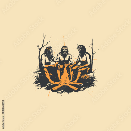 Caveman with bonfire logo design vector vintage