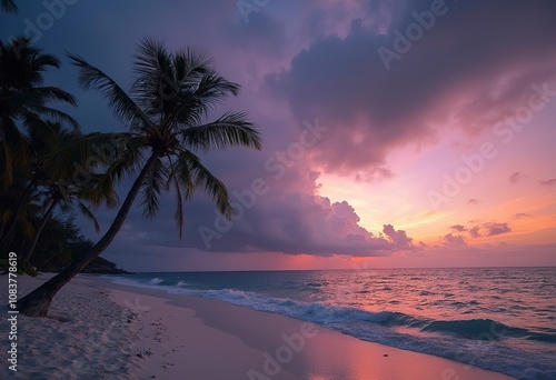 A tropical beach with a palm tree in the foreground, a stormy sky with dramatic clouds and colorful sunset in the background