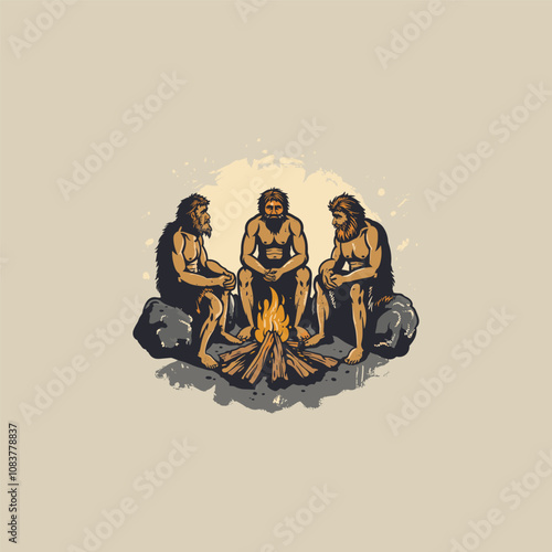 Caveman with bonfire logo design vector vintage