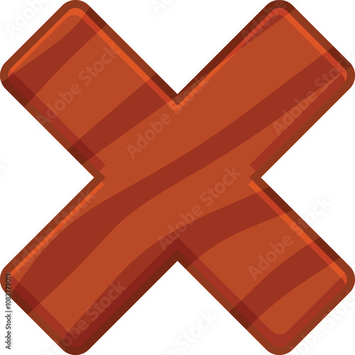 Cartoon wooden cross representing a cancel, negative, or stop symbol, conveying rejection or disapproval